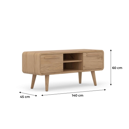 Szafka RTV z litego drewna 140 × 60 × 45 cm – 2 szafki i otwarte półki